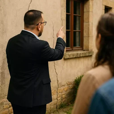 Conseiller en bâtiment à Jarny évaluant une maison avec des clients avant achat ou rénovation