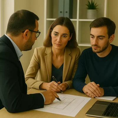 Maître d’œuvre à Jarny en pleine étude de plans techniques avec des clients, dans un bureau lumineux, pour un projet de rénovation de maison.